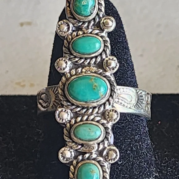 Elegant Long Turquoise Sterling Silver Adjustable Ring Size 8 And Up Cowgirl - Picture 4 of 6